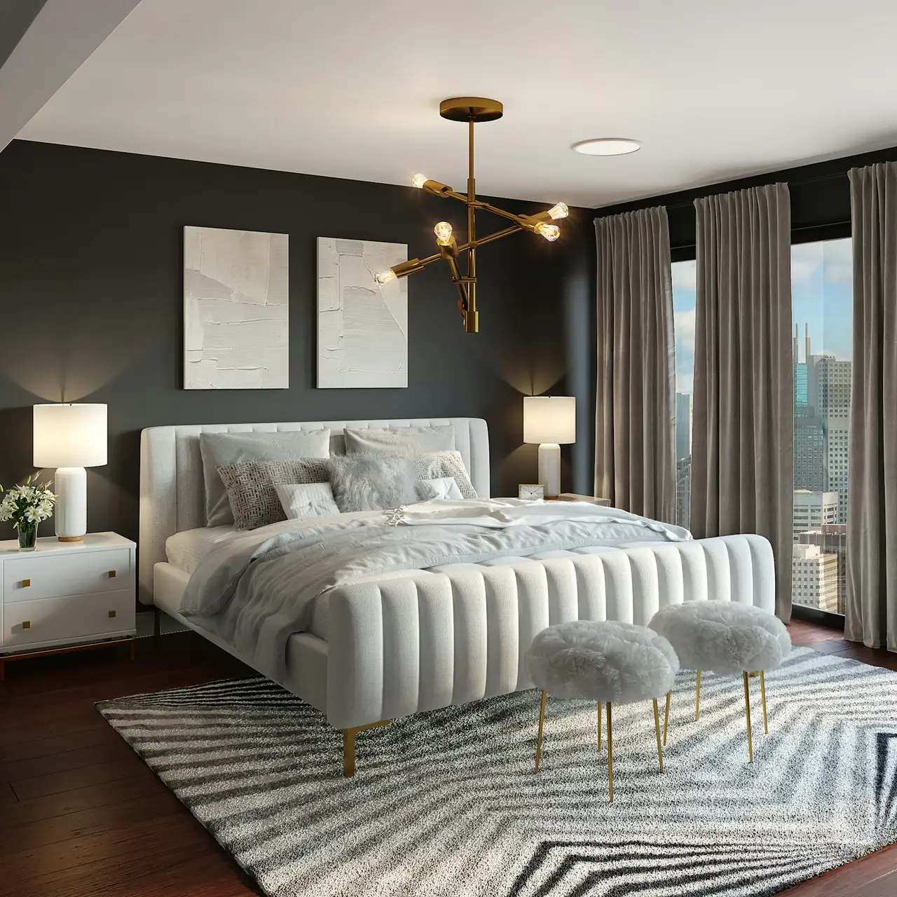 A tidy bedroom with an upholstered bed and matching nightstands